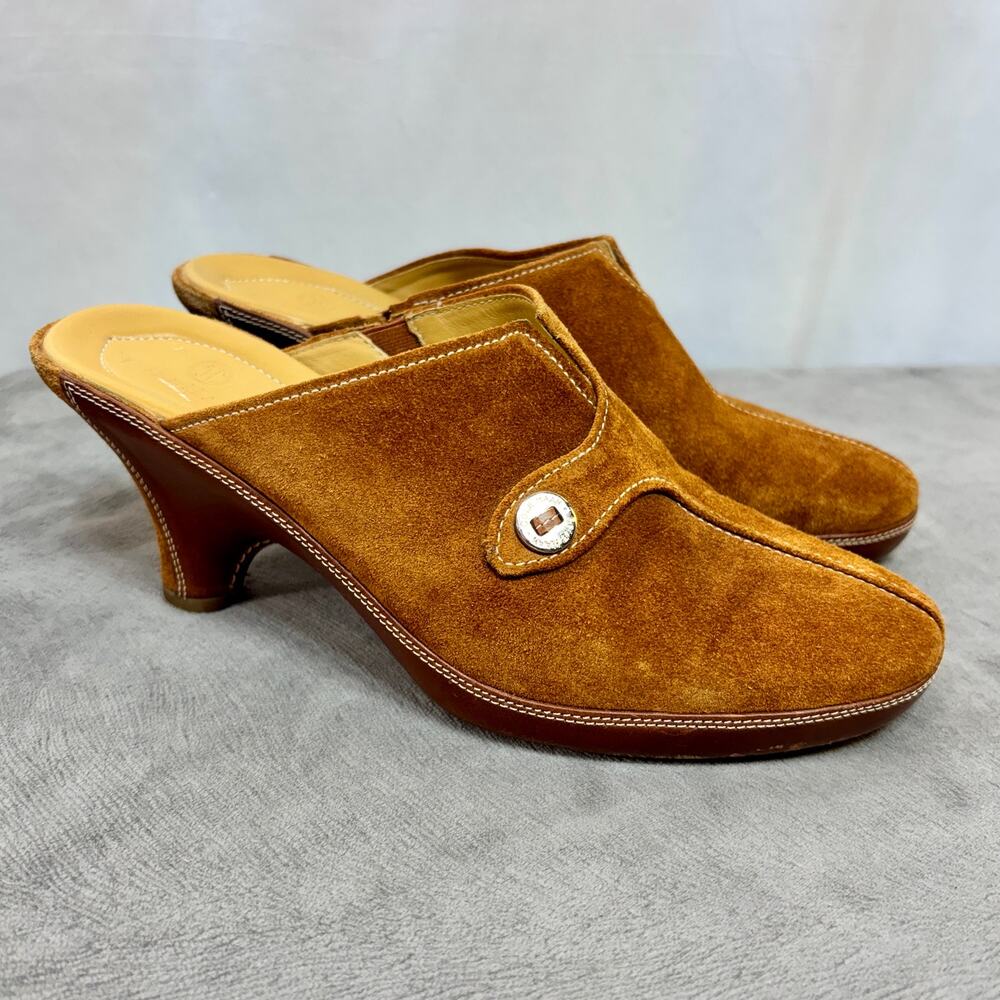Cole Haan Devon II Clog Heeled Mules Amber Brown Suede Women's 8B 3" Heel